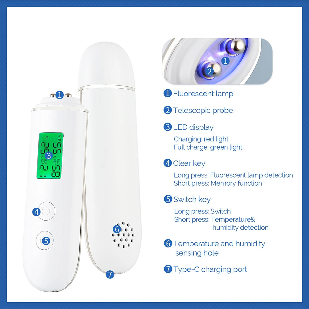 Skin Moisture Detector Face Skin Moisture&Oil Content Skin Analyzer Elastic Skin Age Test Meter Fluorescent Agent Detector