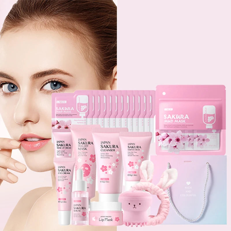 SAKURA  Skincare Set Complete Facial Care Including Eye Cream, Cleanser, Facial Oil, Lip Mask, PeelOff Mask Moisturizing For ALL