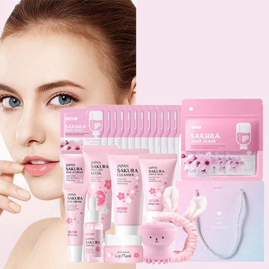 SAKURA  Skincare Set Complete Facial Care Including Eye Cream, Cleanser, Facial Oil, Lip Mask, PeelOff Mask Moisturizing For ALL