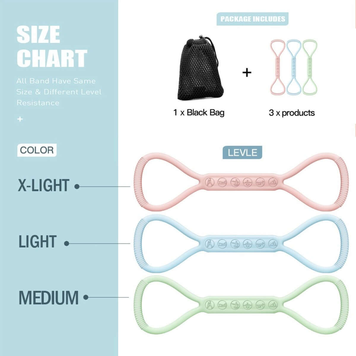 8-Character Silicone Yoga Bands Set – Light, Medium & Heavy